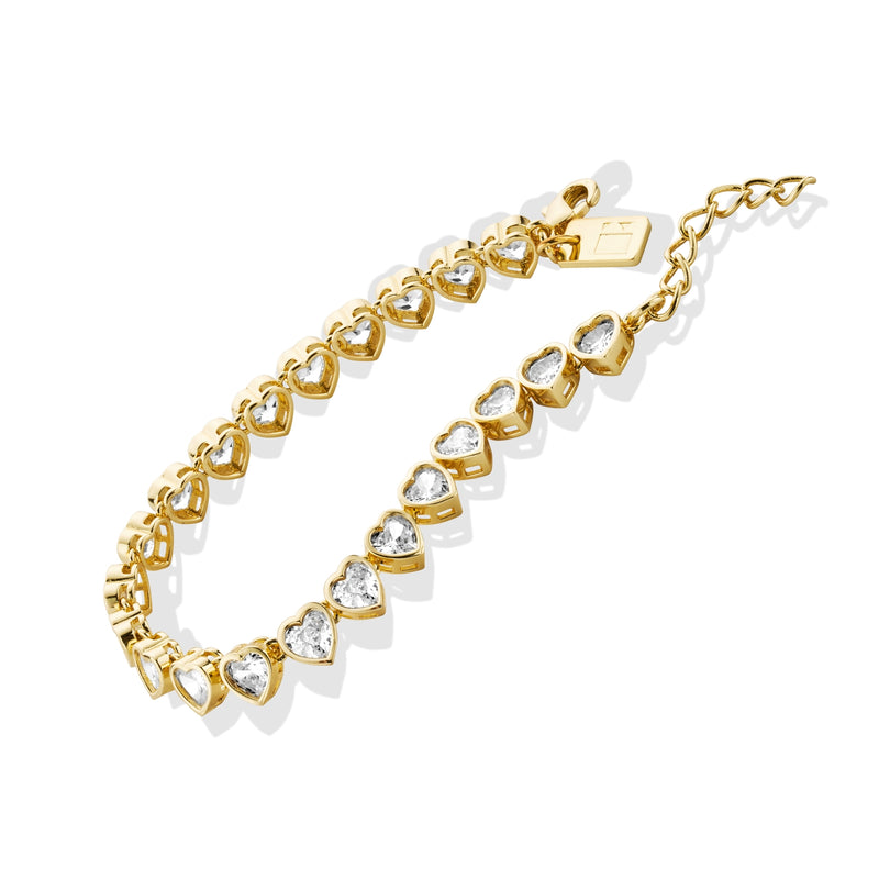 Gold Heart Tennis Bracelet with White Stones