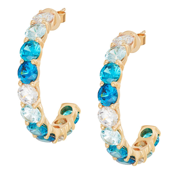Gold Large Ombre Hoops with Blue Stones - Sale