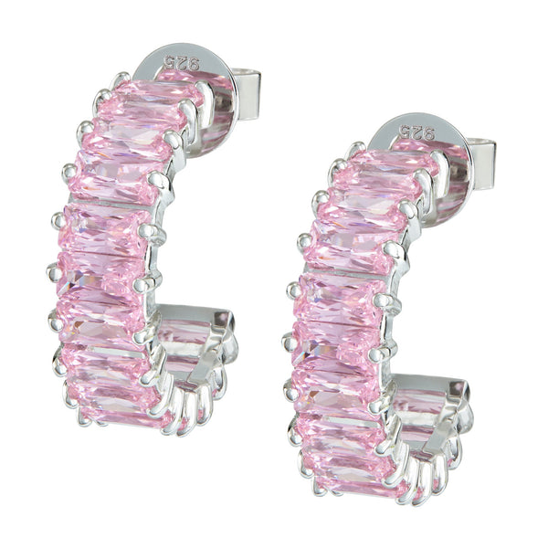 Silver Emerald Cut Hoops with Light Pink Stones - Sale