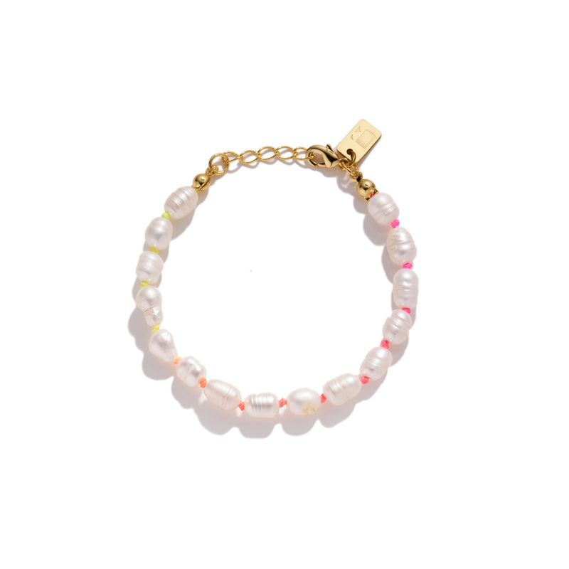 Freshwater Pearl and Neon Rainbow Thread Bracelet - Pink/Orange
