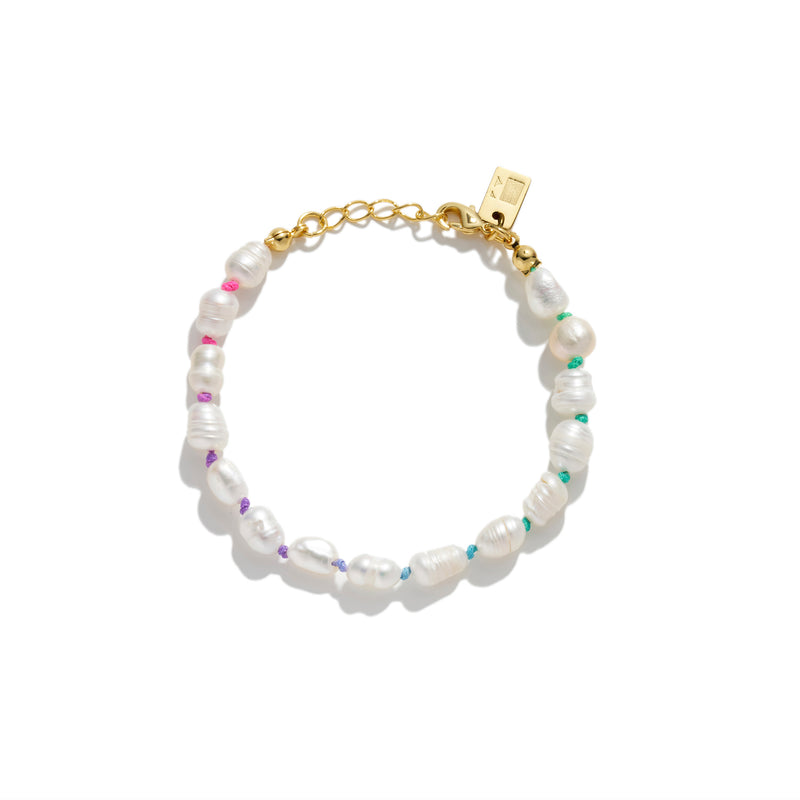 Freshwater Pearl and Neon Rainbow Thread Bracelet - Pink/Purple/Blue