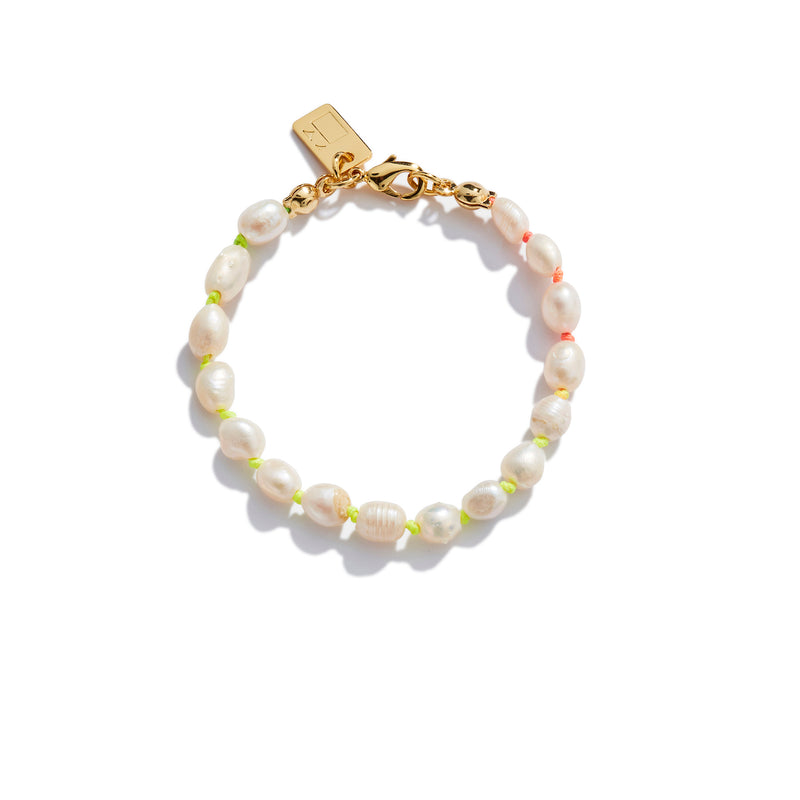 Freshwater Pearl and Neon Rainbow Thread Bracelet - Yellow/Orange