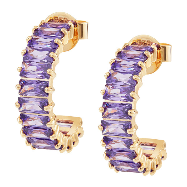 Gold Emerald Cut Hoops with Purple Stones - Sale
