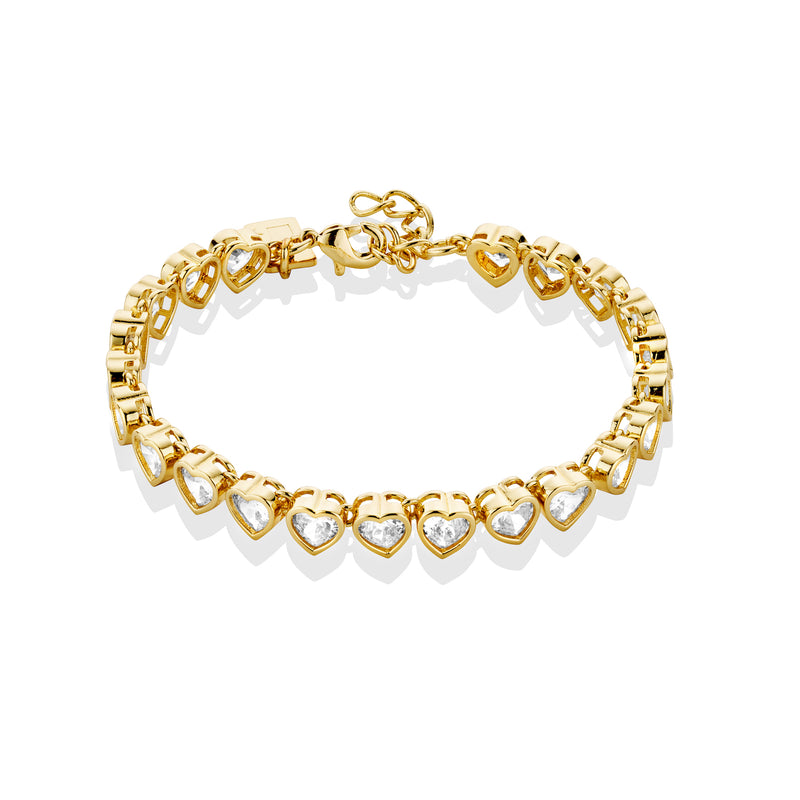 Gold Heart Tennis Bracelet with White Stones