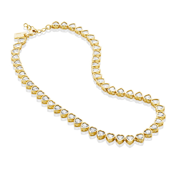 Gold Heart Tennis Necklace with White Stones