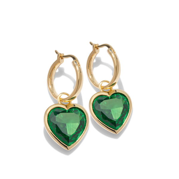 Gold Green Heart Stone Charm Hoops
