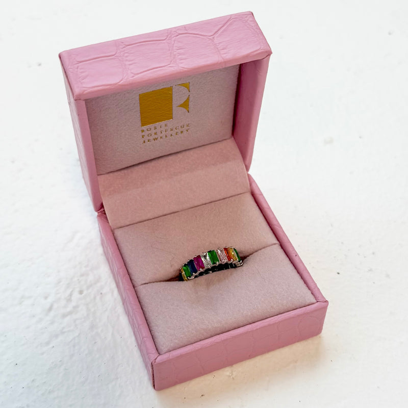 Silver Emerald Cut Rainbow Ring