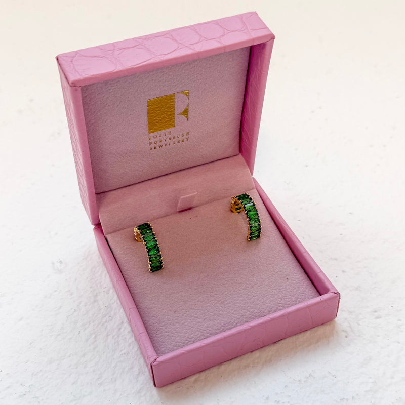 Gold Emerald Cut Hoops with Green Stones