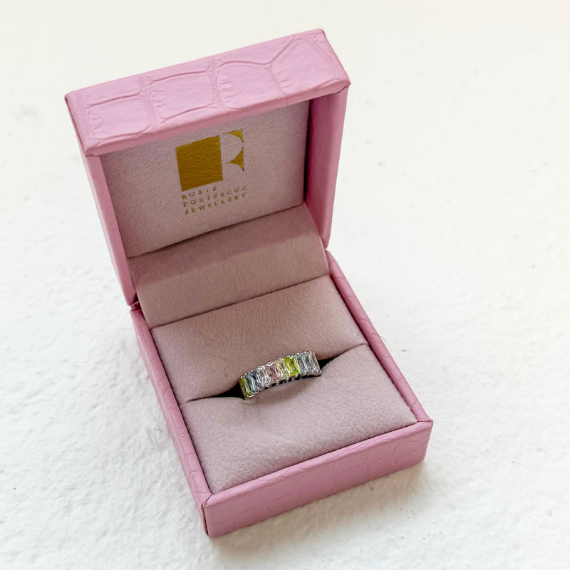 Silver Pastel Rainbow Emerald Cut Ring