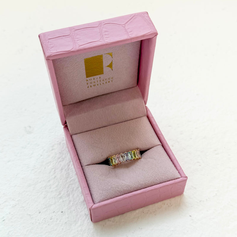 Rose Gold Pastel Rainbow Emerald Cut Ring