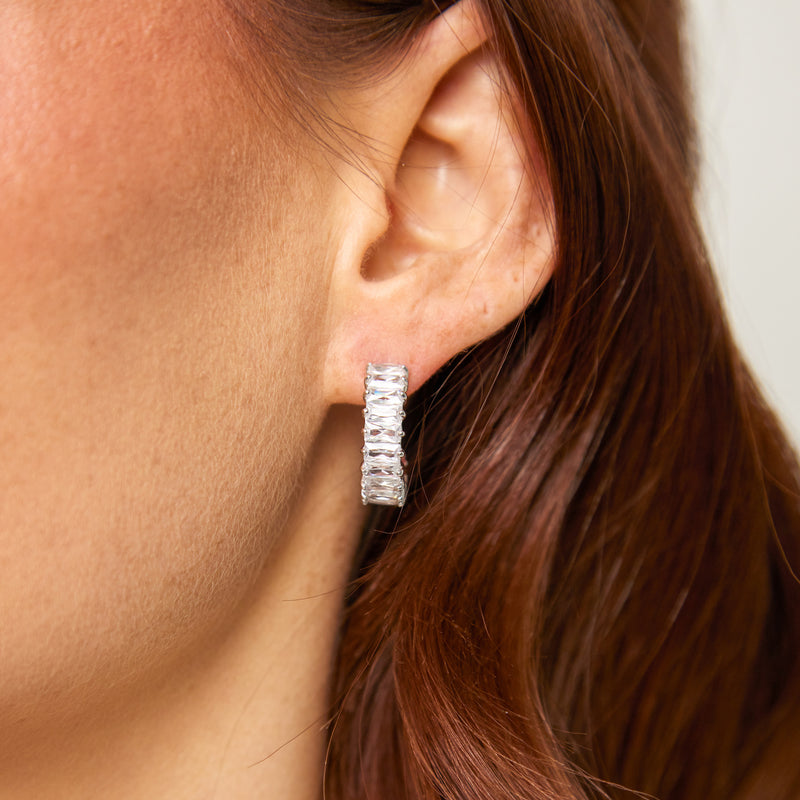 Silver Emerald Cut Hoops with White Stones