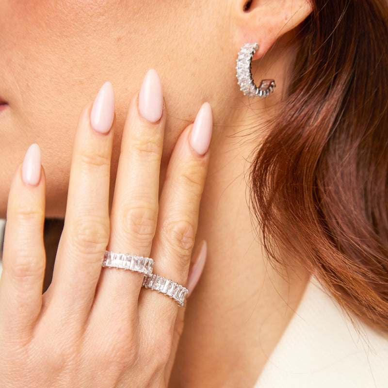 Silver Emerald Cut Hoops with White Stones