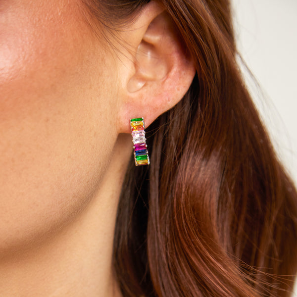 Silver Rainbow Emerald Cut Hoops