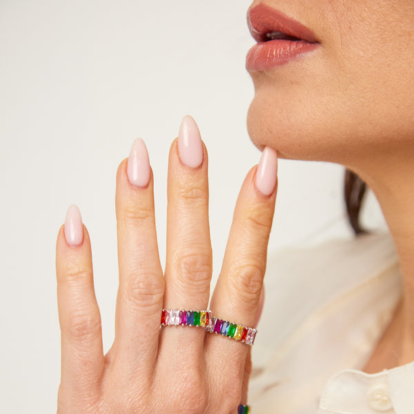 Silver Emerald Cut Rainbow Ring