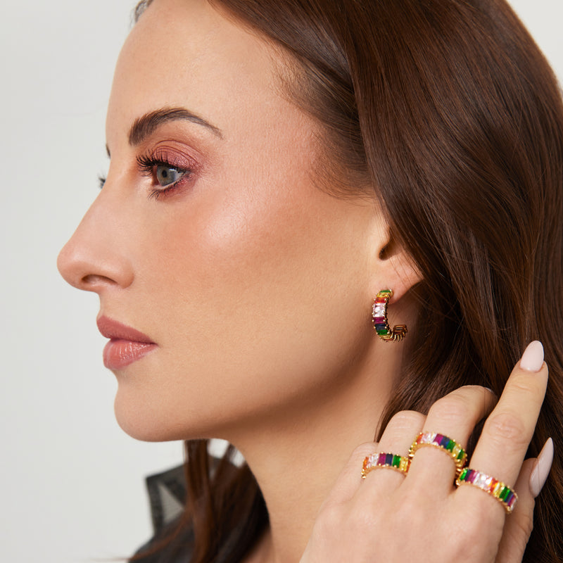 Gold Rainbow Emerald Cut Hoops