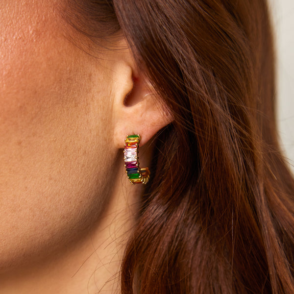 Gold Rainbow Emerald Cut Hoops