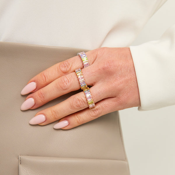 Rose Gold Pastel Rainbow Emerald Cut Ring