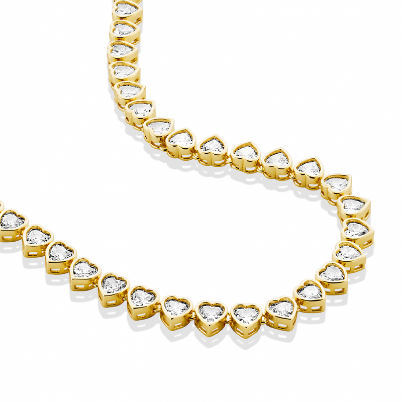 Gold Heart Tennis Necklace with White Stones