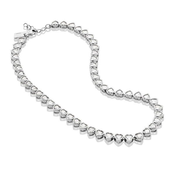 Silver Heart Tennis Necklace with White Stones