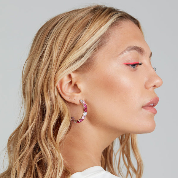 Silver Large Ombre Hoops with Pink Stones - Sale