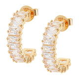 A Gold half Hoop Earrings, horizontally embellished in White Emerald Cut Stones.