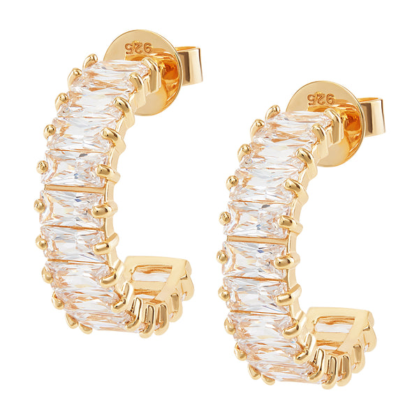 A Gold half Hoop Earrings, horizontally embellished in White Emerald Cut Stones.