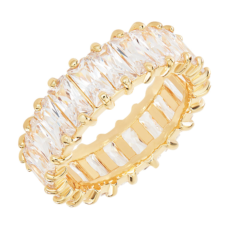 A Gold Ring Embellished in White Emerald Cut stones vertically around the whole band