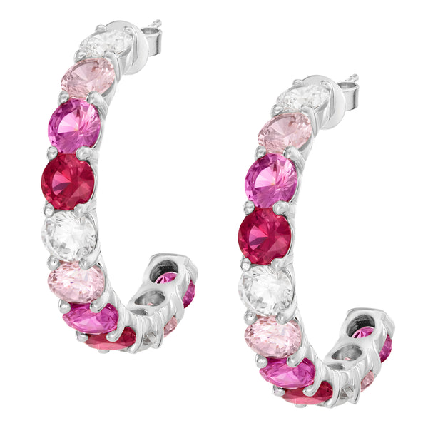 Silver Large Ombre Hoops with Pink Stones