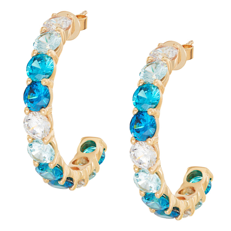Gold Large Ombre Hoops with Blue Stones