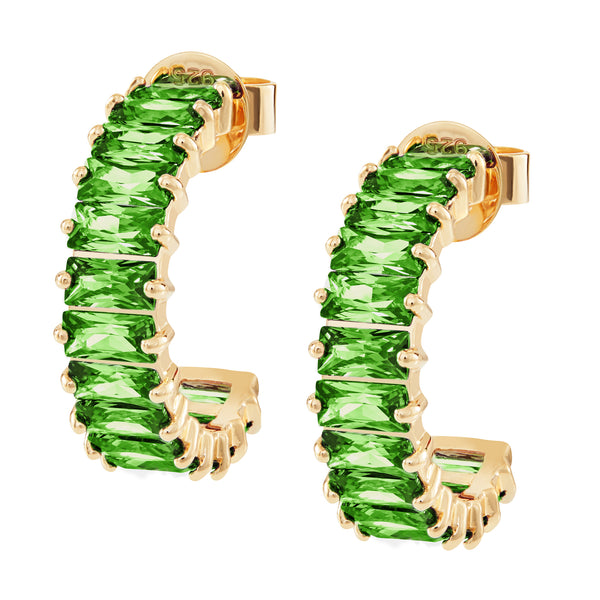 Gold Emerald Cut Hoops with Green Stones