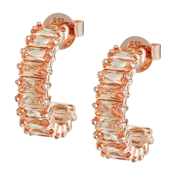 Rose Gold Emerald Cut Hoops with Champagne Stones