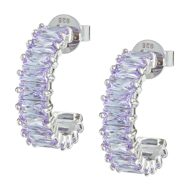 Silver Emerald Cut Hoops with Lilac Stones