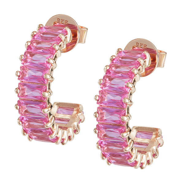 Rose Gold Emerald Cut Hoops with Pink Stones