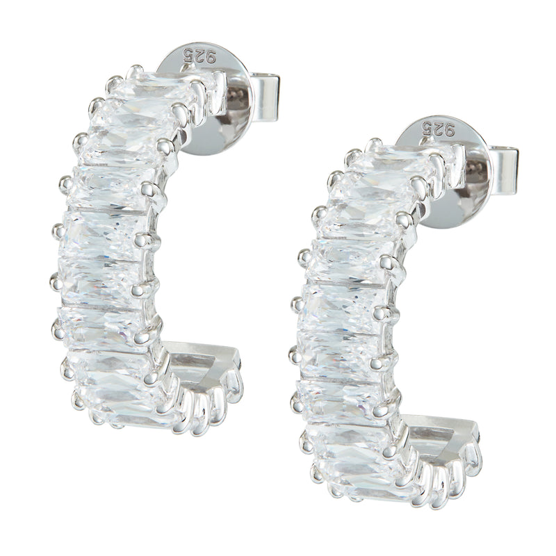 Silver Emerald Cut Hoops with White Stones