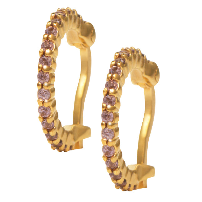 Gold Huggy Hoop Earrings with Rhodolite Stones