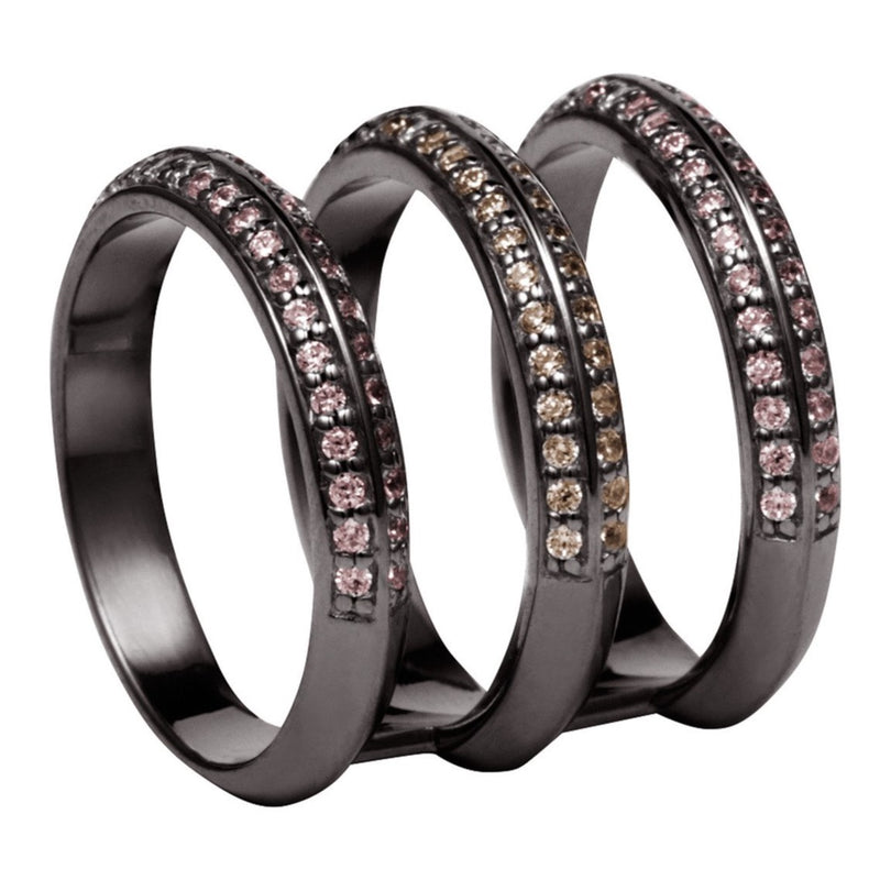 Black Rhodium Triple Band Ring with Champagne and Lilac Stones