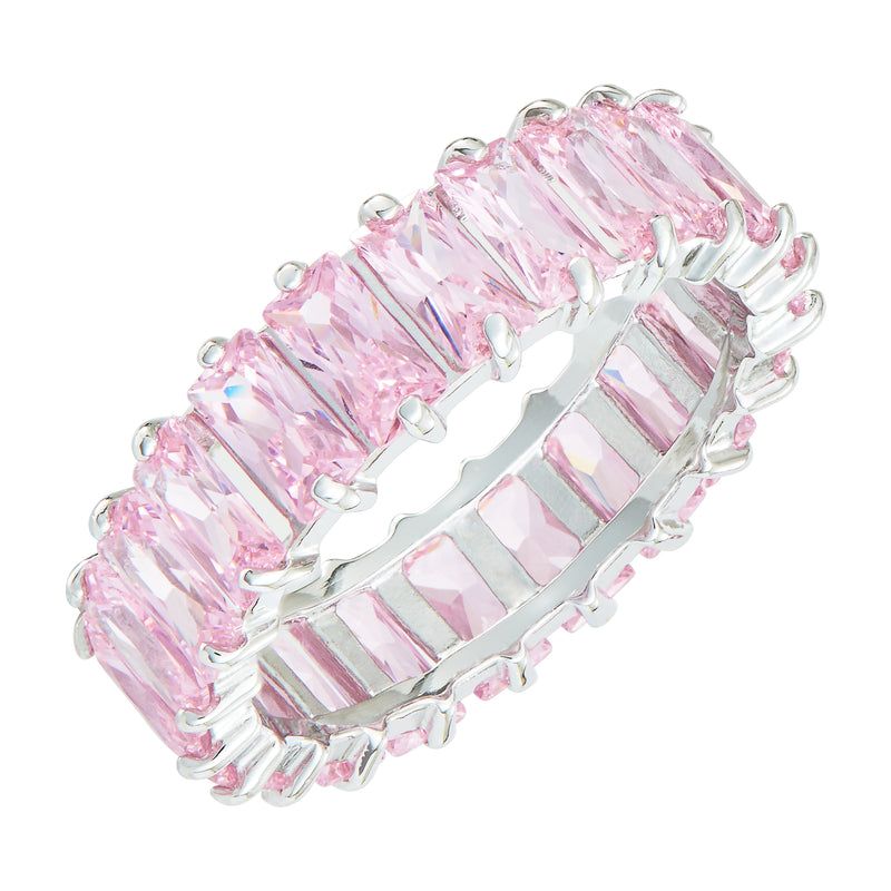 Silver Emerald Cut Ring with Light Pink Stones