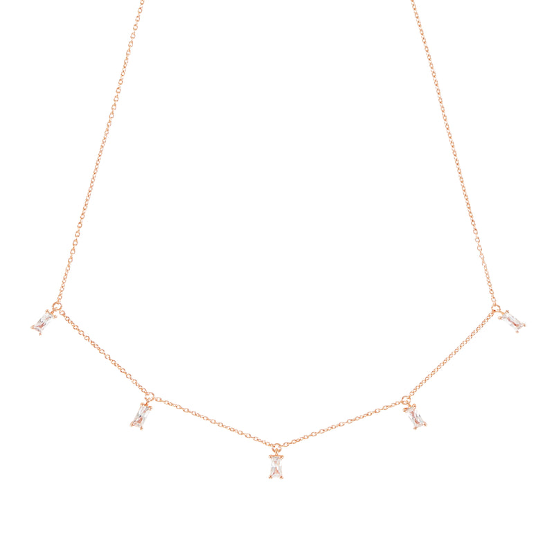 Rose Gold Emerald Cut Necklace with White Stones